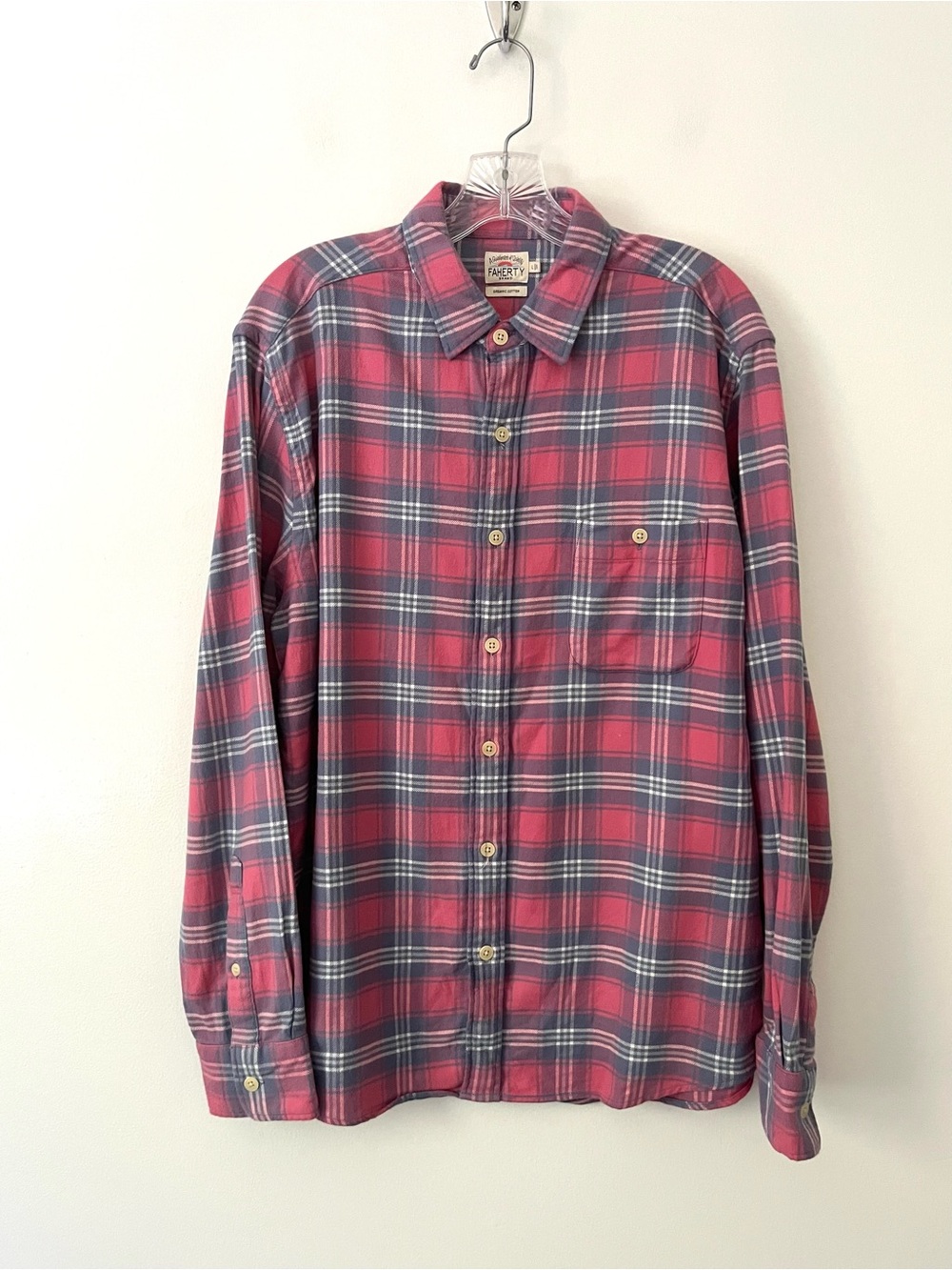 Faherty Stretch Plaid Blue Pink Button Up Flannel Shirt Organic Cotton Large